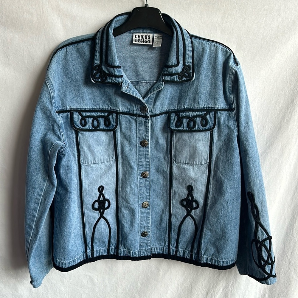 Chico’s Design artwear denim jacket with whimsical black embroidery